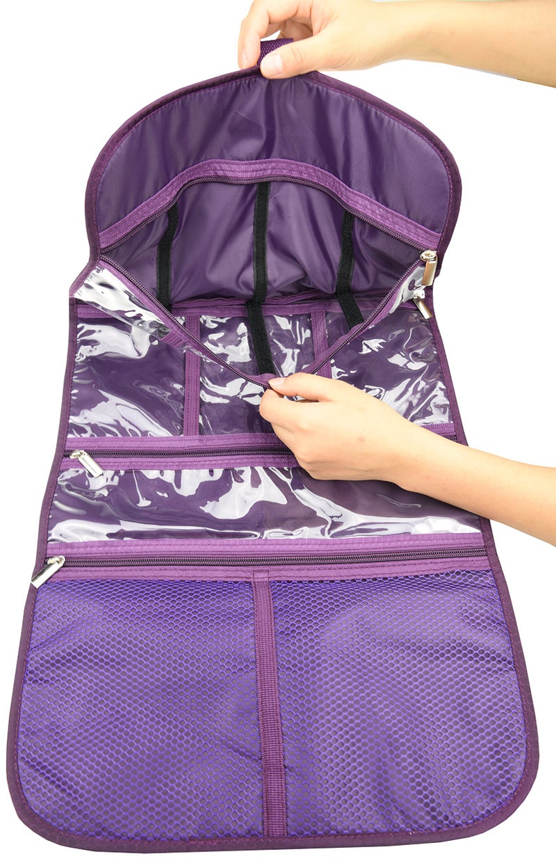 Freegrace Premium Hanging Toiletry Travel Bag - Cosmetic, Jewelry, Toiletry & Accessory Storage Organizer Bag, Large Size, Various Compartments (Purple) - Image 3